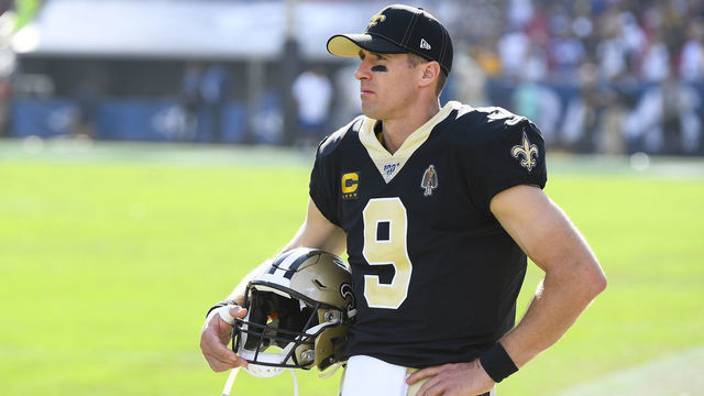 LOS ANGELES, CA - SEPTEMBER 15: New Orleans Saints Quarterback Drew Brees (9) looks on from the sidelines after being hurt during an NFL game between the New Orleans Saints and the Los Angeles Rams on September 15, 2019, at the Los Angeles Memorial Coliseum in Los Angeles, CA.