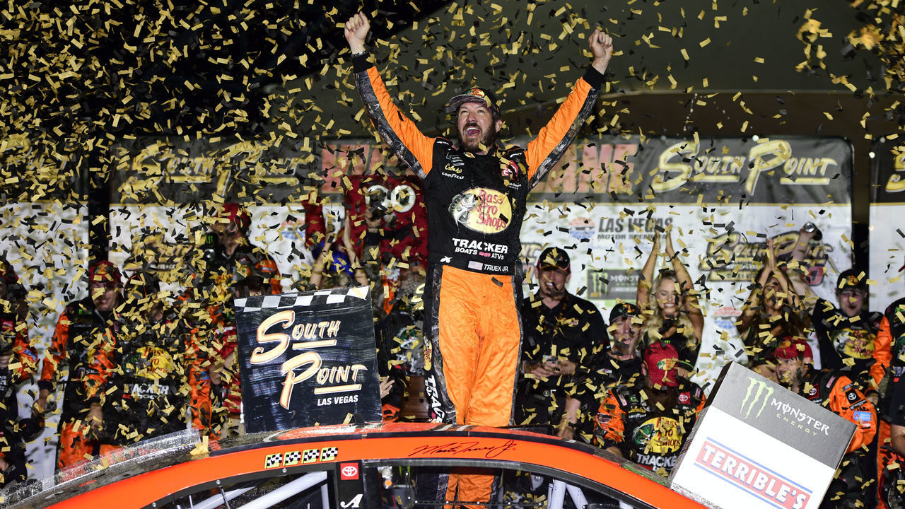 LAS VEGAS, NV - SEPTEMBER 15: Martin Truex Jr (19) Joe Gibbs Racing (JGR) Toyota Camry celebrates in Victory Lane after winning the South Point 400 Monster Energy NASCAR Cup Series playoff race on September 15, 2019, at Las Vegas, NV.