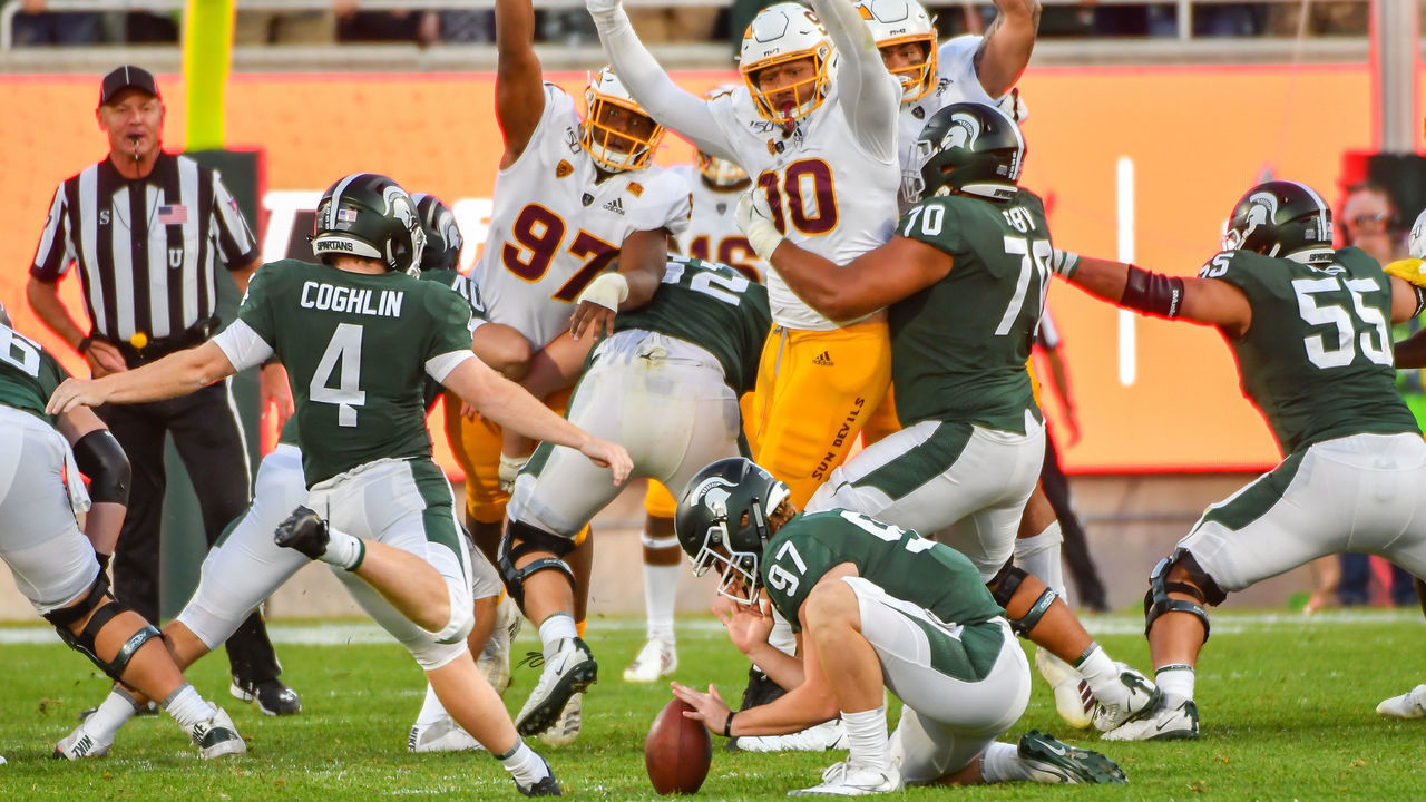 EAST LANSING, MI - SEPTEMBER 14: Michigan State kicker Matt Coghlin (4) attempts a field goal late in the football game between the Arizona State Sun Devils and the Michigan State Spartans September 14, 2019 at Spartan Stadium in East Lansing, MI.
