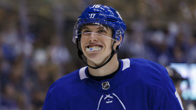 TORONTO, ON - MARCH 17: Mitchell Marner #16 of the Toronto Maple Leafs looks on against the Montreal Canadiens during the third period at the Air Canada Centre on March 17, 2018 in Toronto, Ontario, Canada.