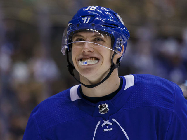 TORONTO, ON - MARCH 17: Mitchell Marner #16 of the Toronto Maple Leafs looks on against the Montreal Canadiens during the third period at the Air Canada Centre on March 17, 2018 in Toronto, Ontario, Canada.
