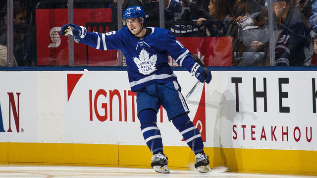 TORONTO, ON - NOVEMBER 6: Mitch Marner #16 of the Toronto Maple Leafs celebrates his goal during the second period against the Vegas Golden Knights at the Scotiabank Arena on November 6, 2018 in Toronto, Ontario, Canada.