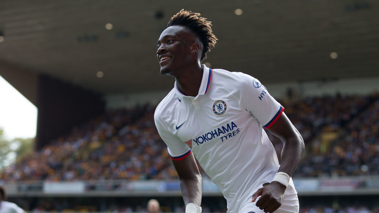 Tammy Abraham of Chelsea celebrates after scoring his side's fourth goal to make the score 0-4 during the Premier League match between Wolverhampton Wanderers and Chelsea at Molineux, Wolverhampton on Saturday 14th September 2019.
