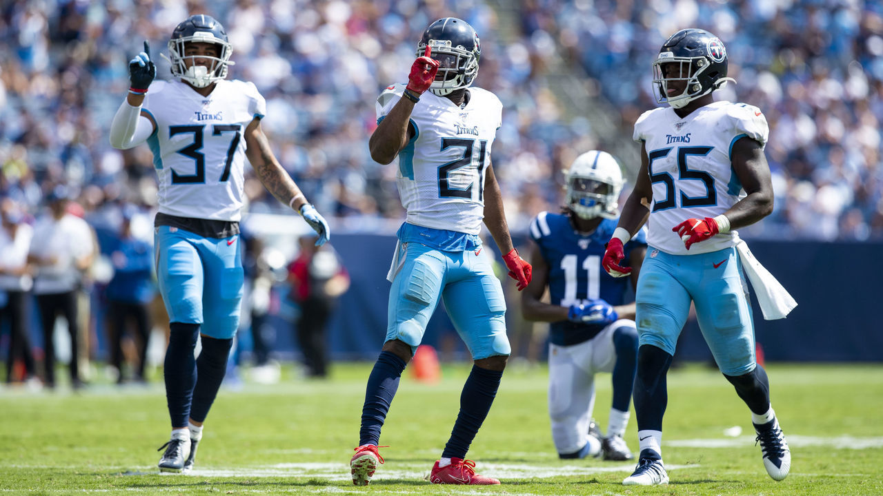 NASHVILLE, TN - SEPTEMBER 15: Amani Hooker #37, Malcolm Butler #21 and Jayon Brown #55 of the Tennessee Titans celebrate a defensive stop against the Indianapolis Colts during the second quarter at Nissan Stadium on September 15, 2019 in Nashville, Tennessee. Indianapolis defeats Tennessee 19-17.