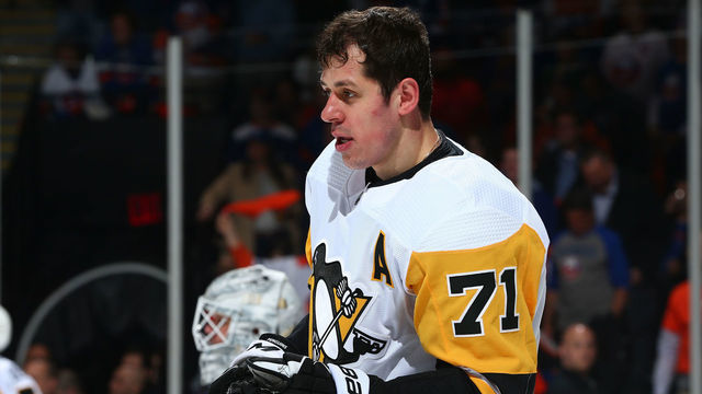 UNIONDALE, NEW YORK - APRIL 10: Evgeni Malkin #71 of the Pittsburgh Penguins skates against the New York Islanders in Game One of the Eastern Conference First Round during the 2019 NHL Stanley Cup Playoffs at NYCB Live's Nassau Coliseum on April 10, 2019 in Uniondale, New York. New York Islanders defeated the Pittsburgh Penguins 4-3 in overtime.