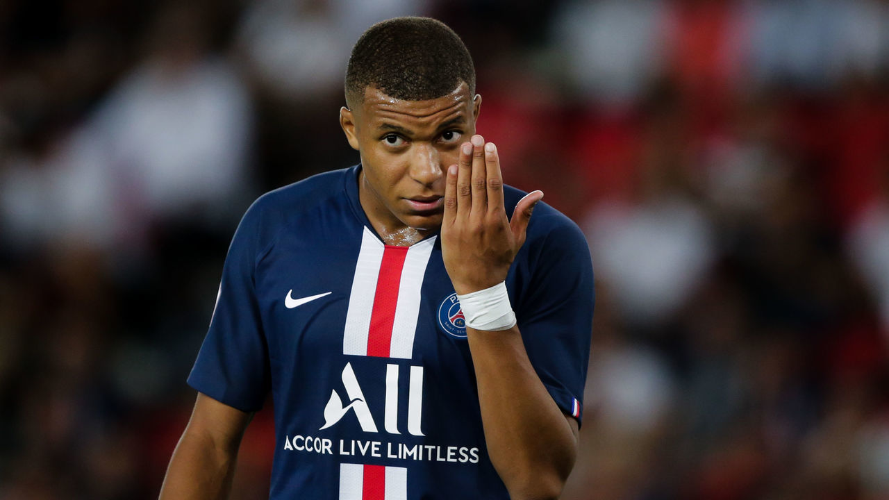 PARIS, FRANCE - AUGUST 25: Kylian Mbappe of Paris Saint Germain during the French League 1 match between Paris Saint Germain v Toulouse at the Parc des Princes on August 25, 2019 in Paris France