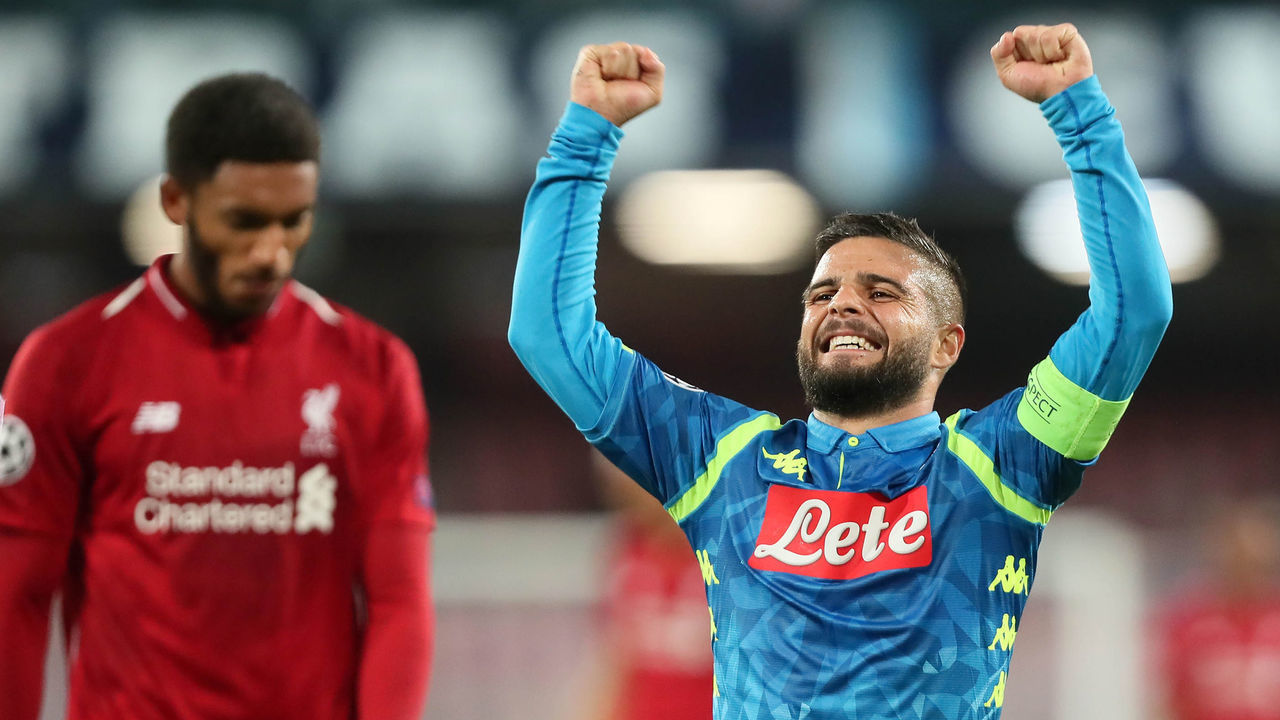 SAN PAOLO STADIUM, NAPLES, CAMPANIA, ITALY - 2018/10/03: Napoli's striker from Italy Lorenzo Insigne (L) celebrates after scoring a goal during the UEFA Champions League football match SSC Napoli vs Liverpool FC at the San Paolo Stadium.