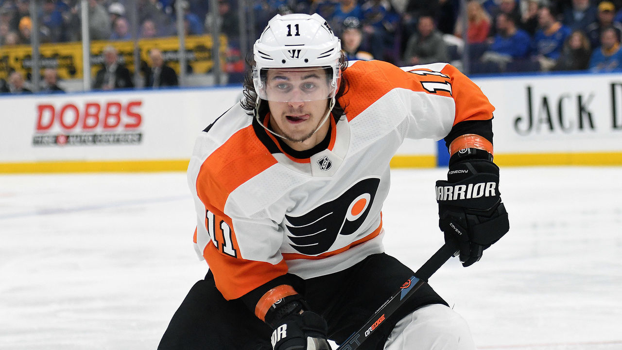 ST. LOUIS, MO - APRIL 04: Philadelphia Flyers rightwing Travis Konecny (11) goes after a loose puck during a NHL game between the Philadelphia Flyers and the St. Louis Blues on April 04, 2019, at Enterprise Center, St. Louis, Mo.
