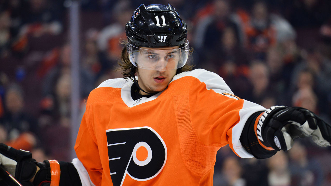 PHILADELPHIA, PA - MARCH 11: Philadelphia Flyers Right Wing Travis Konecny (11) calls out positioning for a faceoff in the third period during the game between the Ottawa Senators and Philadelphia Flyers on March 11, 2019 at Wells Fargo Center in Philadelphia, PA.