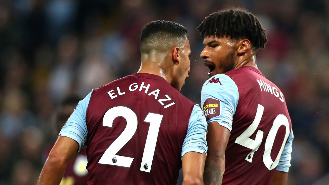 BIRMINGHAM, ENGLAND - SEPTEMBER 16: Anwar El Ghazi and Tyrone Mings of Aston Villa United argue during the Premier League match between Aston Villa and West Ham United at Villa Park on September 16, 2019 in Birmingham, United Kingdom.