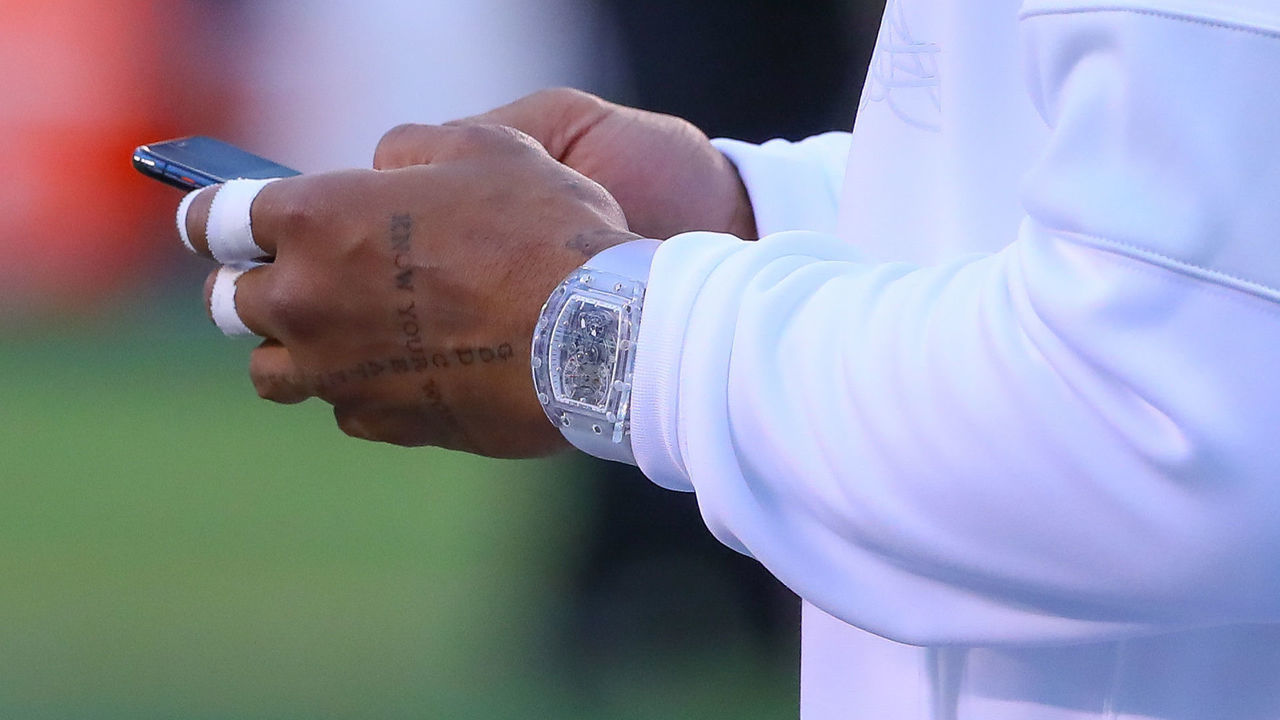 EAST RUTHERFORD, NJ - SEPTEMBER 16: Cleveland Browns wide receiver Odell Beckham (13) wears a Richard Mille Watch during warm ups prior to the National Football League game between the New York Jets and the Cleveland Browns on September 16, 2019 at MetLife Stadium in East Rutherford, NJ.