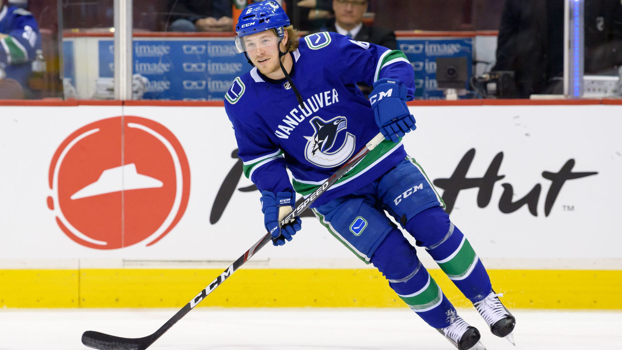 VANCOUVER, BC - MARCH 09: Vancouver Canucks Right Wing Brock Boeser (6) skates with the puck during warmup prior to their NHL game against the Vegas Golden Knights at Rogers Arena on March 9, 2019 in Vancouver, British Columbia, Canada. Vegas won 6-2.