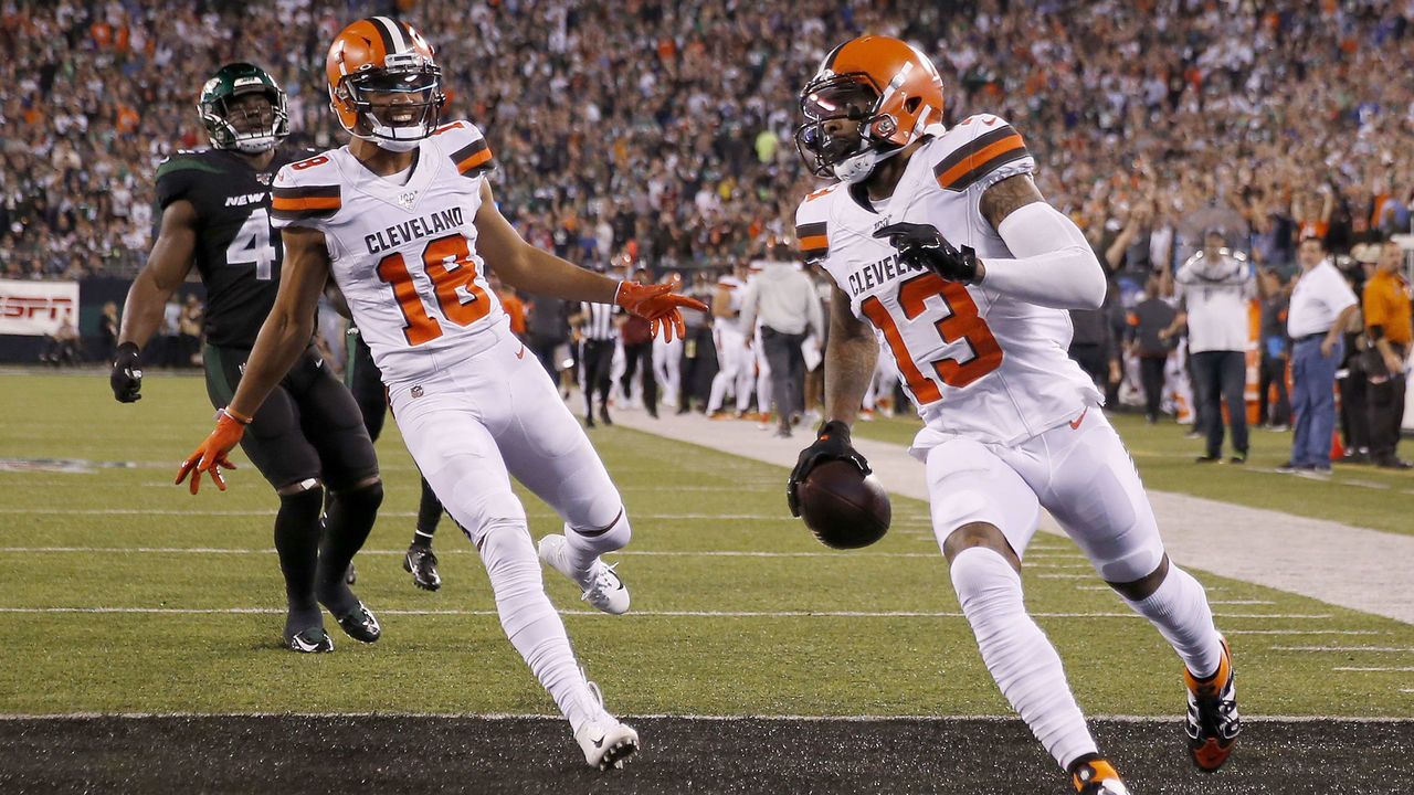 EAST RUTHERFORD, NEW JERSEY - SEPTEMBER 16: Odell Beckham Jr. #13 of the Cleveland Browns celebrates his touchdown with teammate Damion Ratley #18 in the third quarter against the New York Jets MetLife Stadium on September 16, 2019 in East Rutherford, New Jersey.