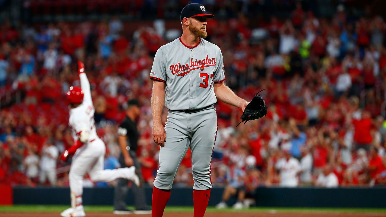 ST LOUIS, MO - SEPTEMBER 16: Stephen Strasburg #37 of the Washington Nationals reacts after giving up a two-run home run to Marcell Ozuna #23 of the St. Louis Cardinals in the first inning at Busch Stadium on September 16, 2019 in St Louis, Missouri.