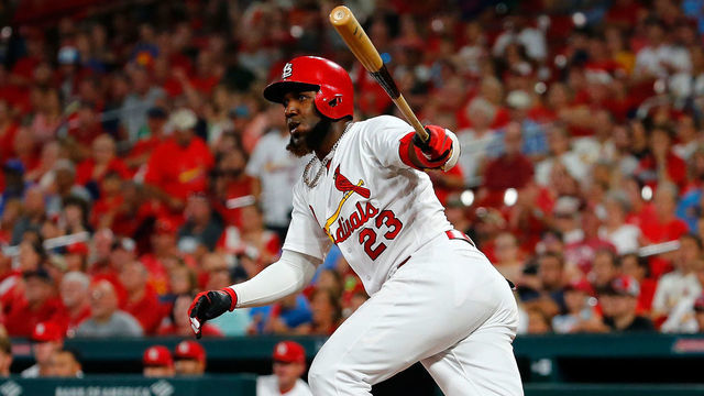 ST LOUIS, MO - SEPTEMBER 16: Marcell Ozuna #23 of the St. Louis Cardinals drives in two runs with a ground-rule double against the Washington Nationals in the seventh inning at Busch Stadium on September 16, 2019 in St Louis, Missouri.