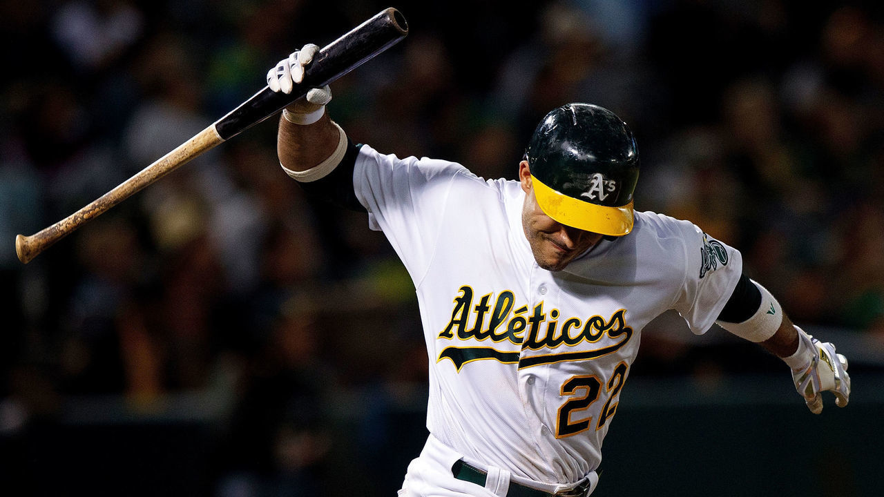 OAKLAND, CA - SEPTEMBER 16: Ramon Laureano #22 of the Oakland Athletics reacts after hitting a fly ball for an out against the Kansas City Royals during the seventh inning at the RingCentral Coliseum on September 16, 2019 in Oakland, California. The Kansas City Royals defeated the Oakland Athletics 6-5.