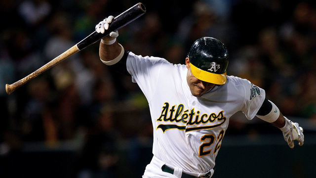 OAKLAND, CA - SEPTEMBER 16: Ramon Laureano #22 of the Oakland Athletics reacts after hitting a fly ball for an out against the Kansas City Royals during the seventh inning at the RingCentral Coliseum on September 16, 2019 in Oakland, California. The Kansas City Royals defeated the Oakland Athletics 6-5.