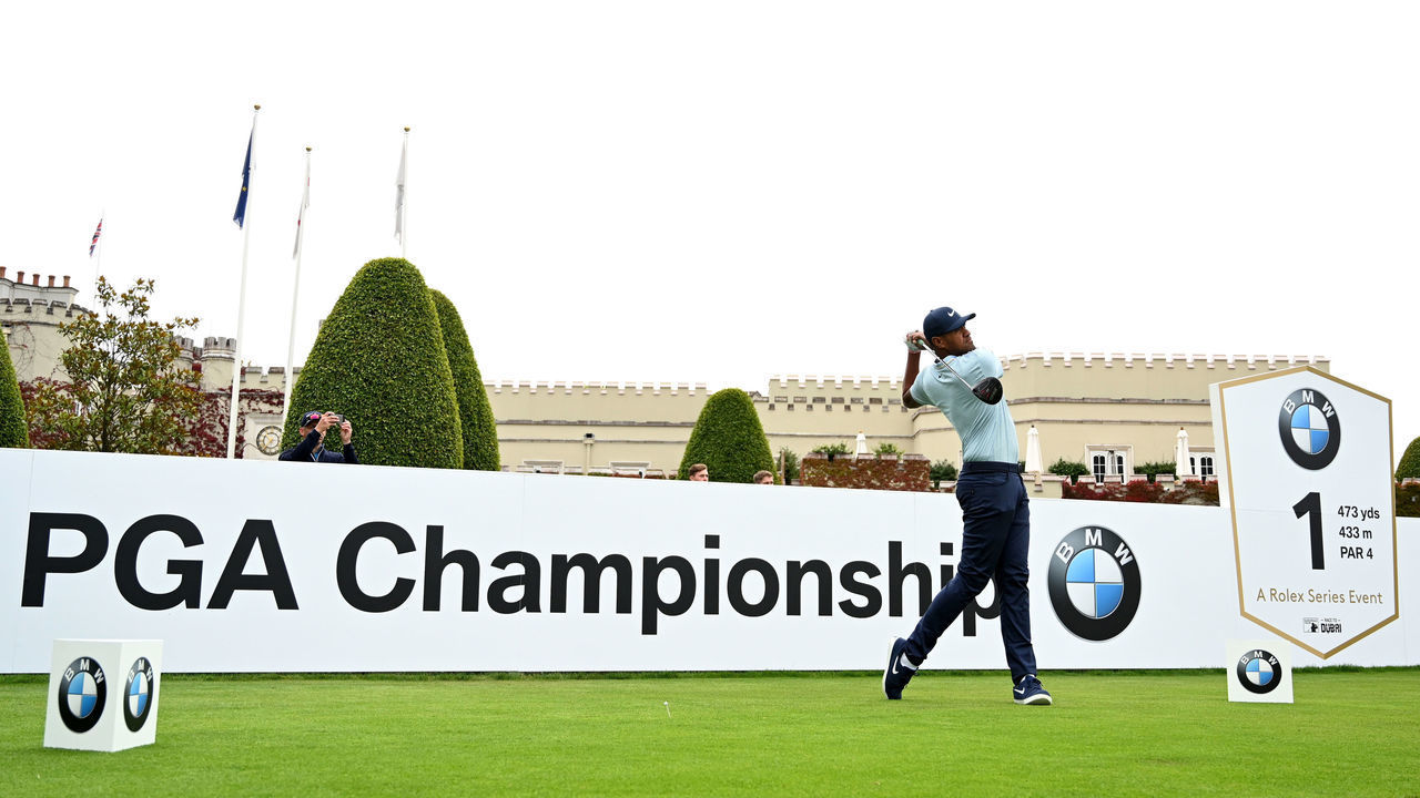 VIRGINIA WATER, ENGLAND - SEPTEMBER 16: Tony Finau of the USA on the first tee during a practice round prior to the BMW PGA Championship at Wentworth Golf Club on September 16, 2019 in Virginia Water, United Kingdom.