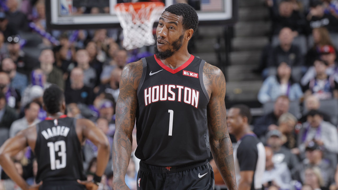 SACRAMENTO, CA - APRIL 2: Iman Shumpert #1 of the Houston Rockets looks on during the game against the Sacramento Kings on April 2, 2019 at Golden 1 Center in Sacramento, California. NOTE TO USER: User expressly acknowledges and agrees that, by downloading and or using this photograph, User is consenting to the terms and conditions of the Getty Images Agreement. Mandatory Copyright Notice: Copyright 2019 NBAE