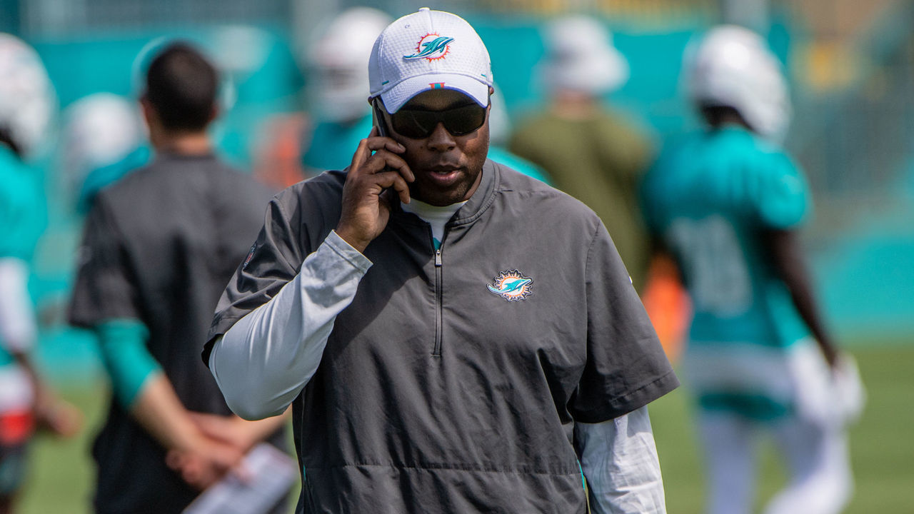 DAVIE, FL - MAY 14: General Manager Chris Grier of the Miami Dolphins during OTAs at Baptist Health Training Facility at Nova Southern University on May 14, 2019 in Davie, Florida.