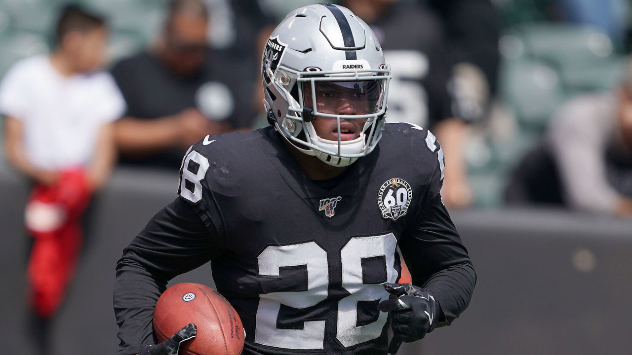 OAKLAND, CALIFORNIA - SEPTEMBER 15: Josh Jacobs #28 of the Oakland Raiders warm up during pregame warm ups prior to the start of an NFL football game against the Kansas City Chiefs at RingCentral Coliseum on September 15, 2019 in Oakland, California.