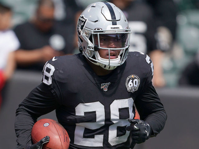 OAKLAND, CALIFORNIA - SEPTEMBER 15: Josh Jacobs #28 of the Oakland Raiders warm up during pregame warm ups prior to the start of an NFL football game against the Kansas City Chiefs at RingCentral Coliseum on September 15, 2019 in Oakland, California.