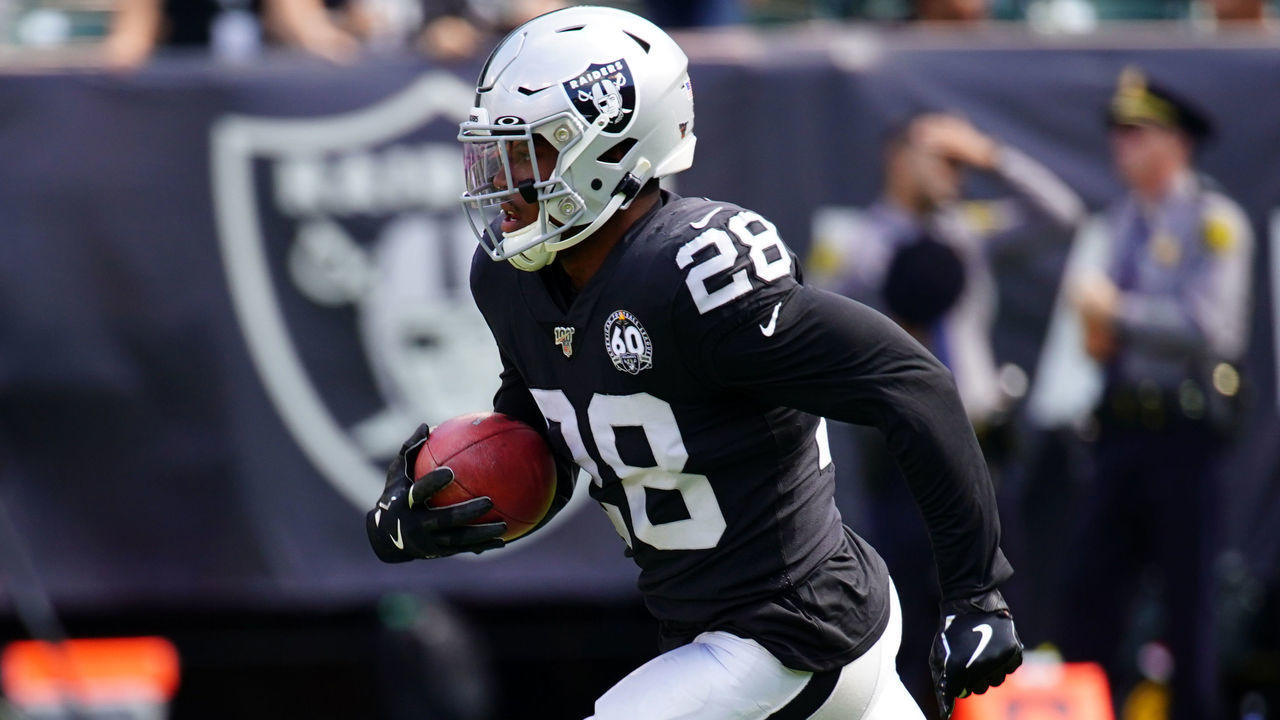 OAKLAND, CALIFORNIA - SEPTEMBER 15: Josh Jacobs #28 of the Oakland Raiders warms up prior to the game against the Kansas City Chiefs at RingCentral Coliseum on September 15, 2019 in Oakland, California.