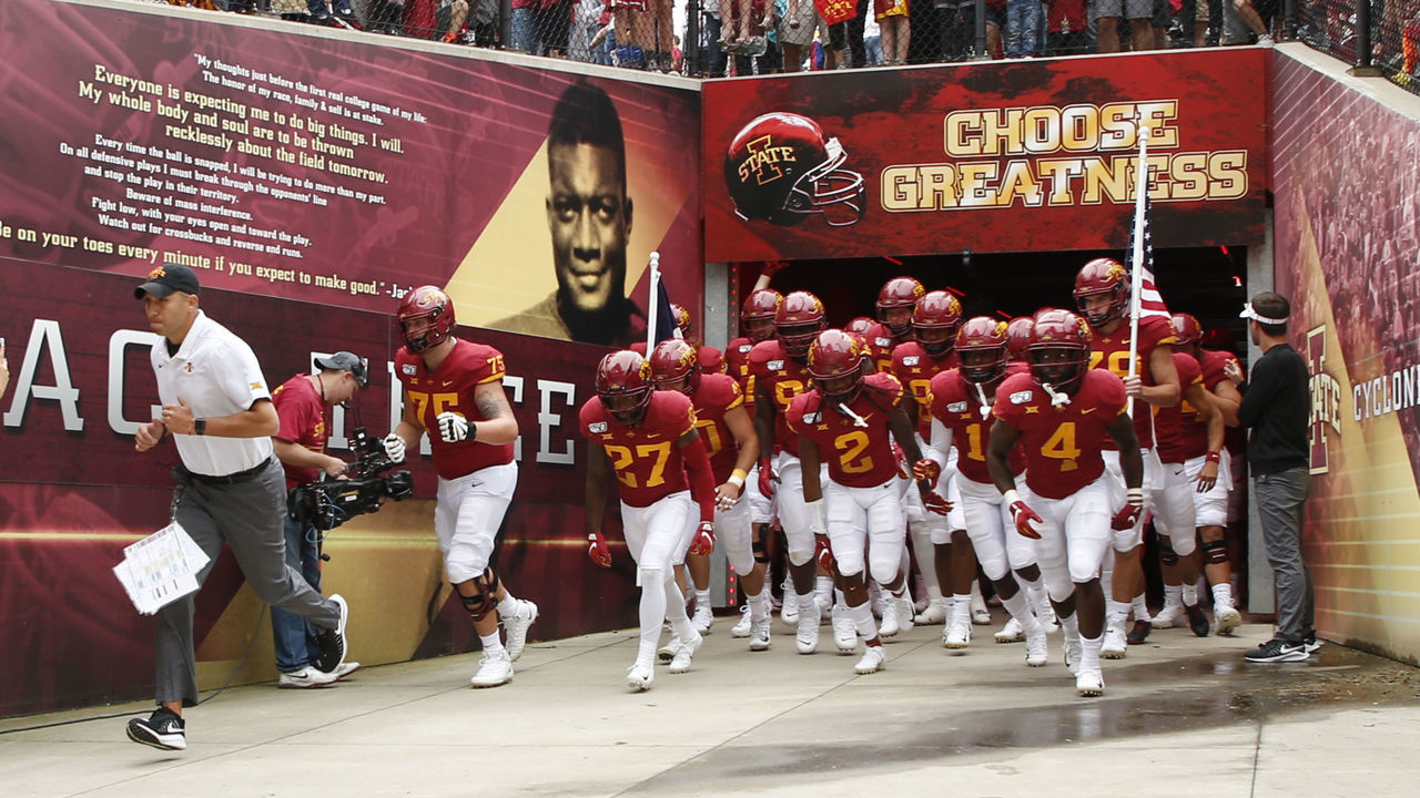 AMES, IA - AUGUST 31: Head coach Matt Campbell of the Iowa State Cyclones takes the field with his team before game action against the Northern Iowa Panthers at Jack Trice Stadium on August 31, 2019 in Ames, Iowa. The Iowa State Cyclones won 29-26 over the Northern Iowa Panthers in triple overtime.