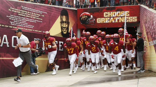 AMES, IA - AUGUST 31: Head coach Matt Campbell of the Iowa State Cyclones takes the field with his team before game action against the Northern Iowa Panthers at Jack Trice Stadium on August 31, 2019 in Ames, Iowa. The Iowa State Cyclones won 29-26 over the Northern Iowa Panthers in triple overtime.