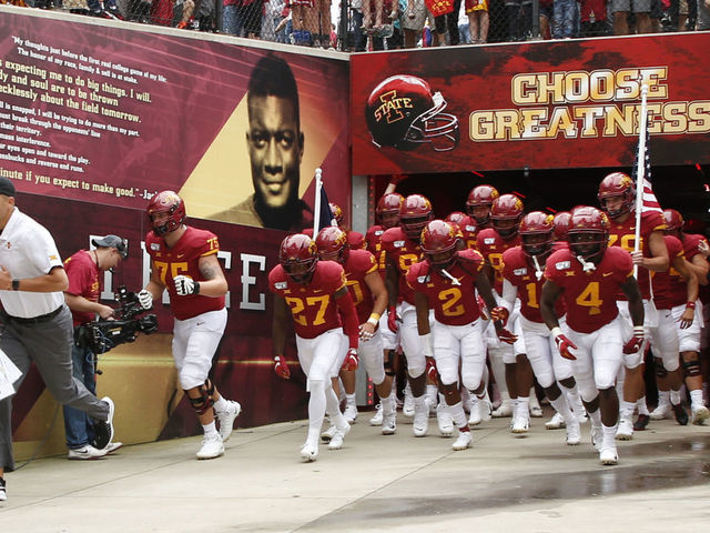 AMES, IA - AUGUST 31: Head coach Matt Campbell of the Iowa State Cyclones takes the field with his team before game action against the Northern Iowa Panthers at Jack Trice Stadium on August 31, 2019 in Ames, Iowa. The Iowa State Cyclones won 29-26 over the Northern Iowa Panthers in triple overtime.