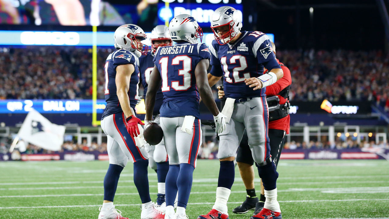 FOXBOROUGH, MASSACHUSETTS - SEPTEMBER 08: Phillip Dorsett #13 of the New England Patriots celebrates with Tom Brady #12 after scoring a 25-yard touchdown during the second quarter against the Pittsburgh Steelers at Gillette Stadium on September 08, 2019 in Foxborough, Massachusetts.