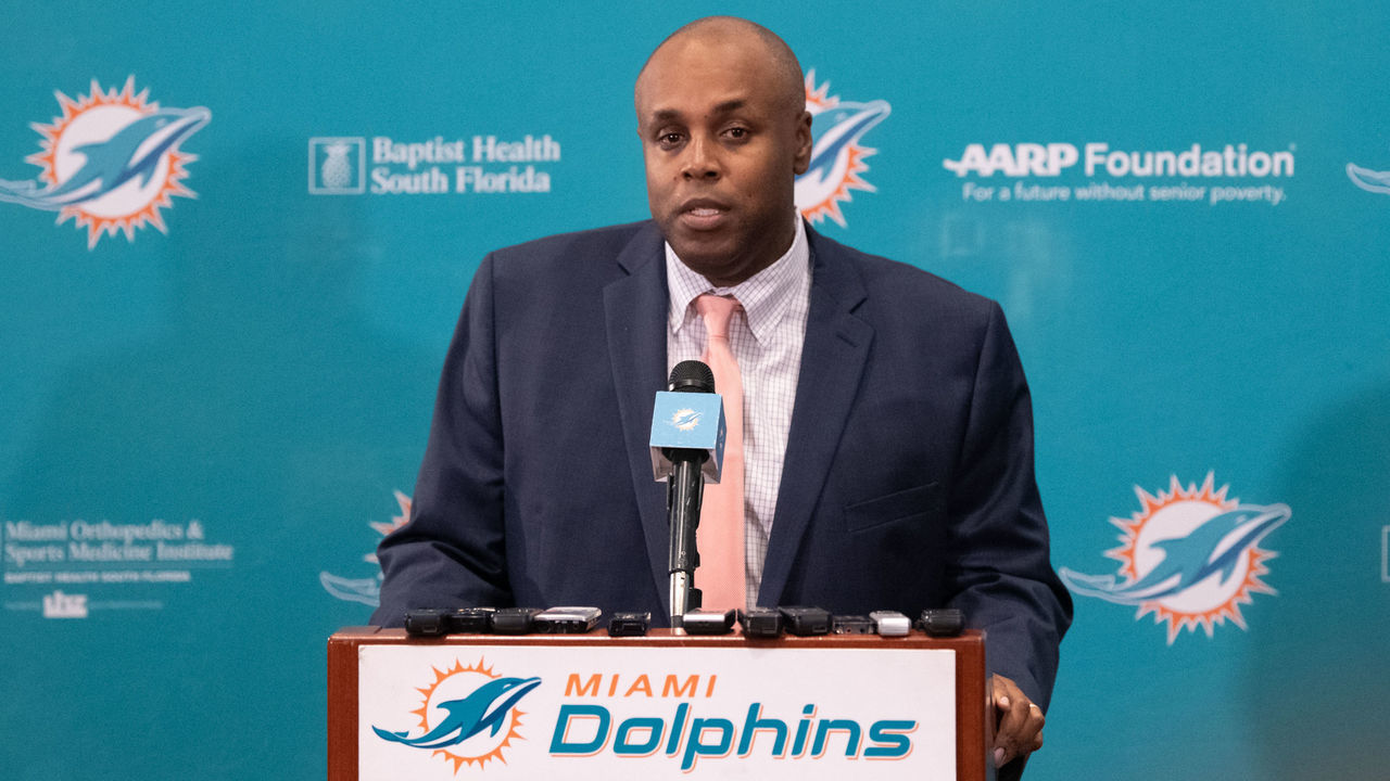 DAVIE, FL - FEBRUARY 04: Chris Grier General Manager of the Miami Dolphins speaks during a press conference as he introduces Brian Flores as the new Head Coach of the Miami Dolphins at Baptist Health Training Facility at Nova Southern University on February 4, 2019 in Davie, Florida.