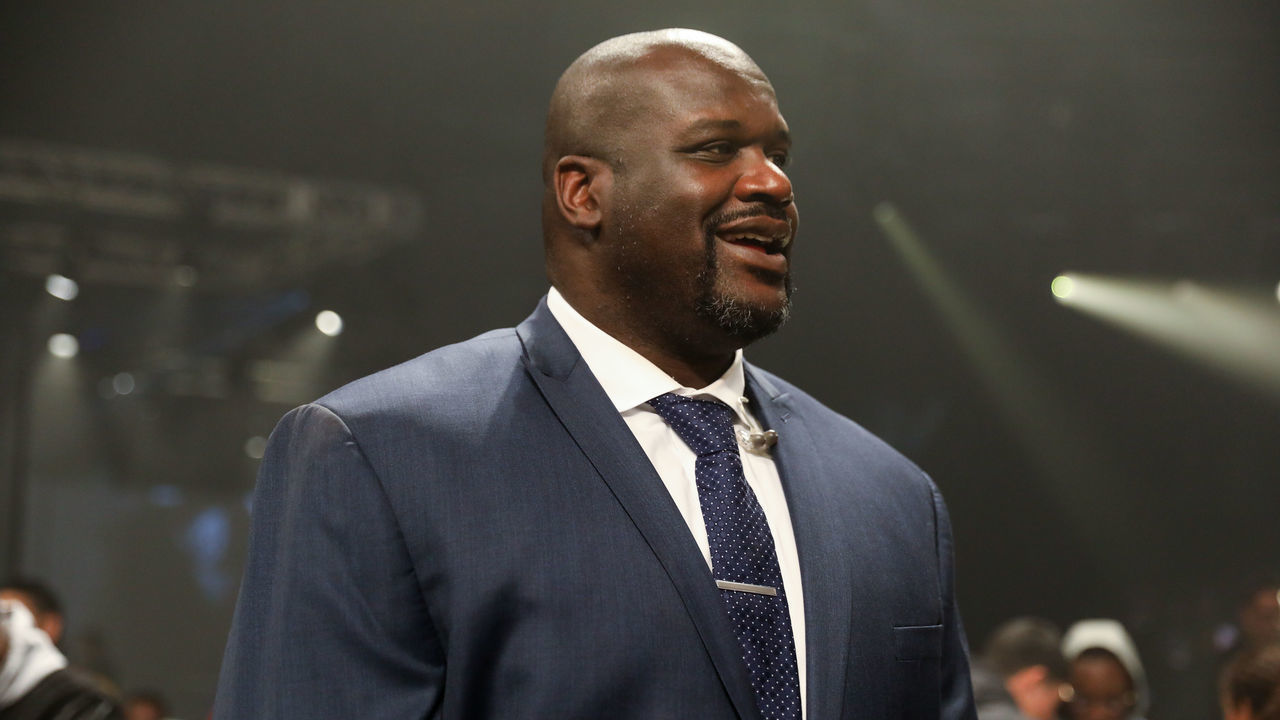 STUDIO CITY, CA - JANUARY 25: Shaquille O'Neal smiling at the Jordan Brand Future of Flight Showcase on January 25, 2018 in Studio City, California.