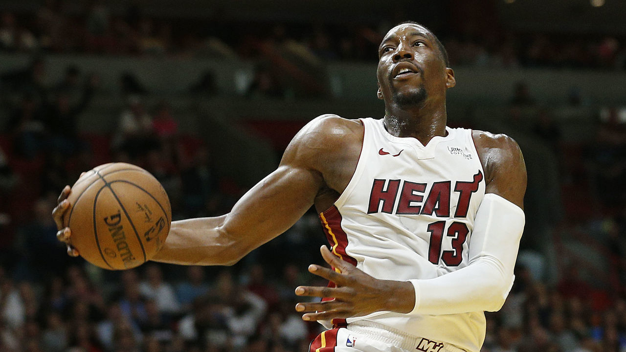 MIAMI, FLORIDA - APRIL 03: Bam Adebayo #13 of the Miami Heat in action against the Boston Celtics at American Airlines Arena on April 03, 2019 in Miami, Florida.