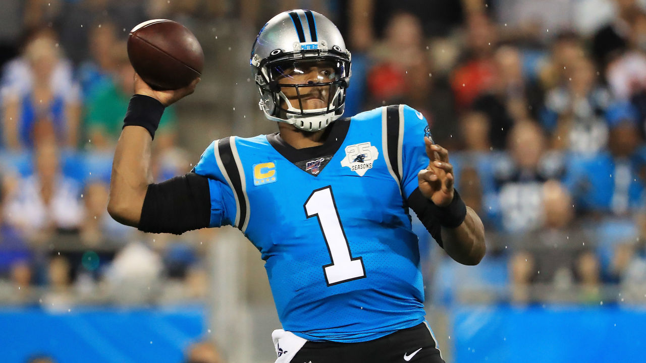 CHARLOTTE, NORTH CAROLINA - SEPTEMBER 12: Quarterback Cam Newton #1 of the Carolina Panthers looks to pass in the first quarter against the Tampa Bay Buccaneers game at Bank of America Stadium on September 12, 2019 in Charlotte, North Carolina.