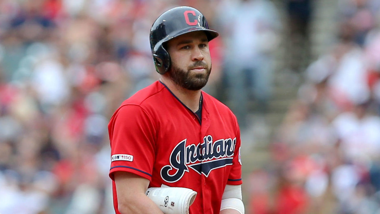 CLEVELAND, OH - SEPTEMBER 15: Cleveland Indians second baseman Jason Kipnis (22) stands at second base after hitting a double during the sixth inning of the Major League Baseball game between the Minnesota Twins and Cleveland Indians on September 15, 2019, at Progressive Field in Cleveland, OH.