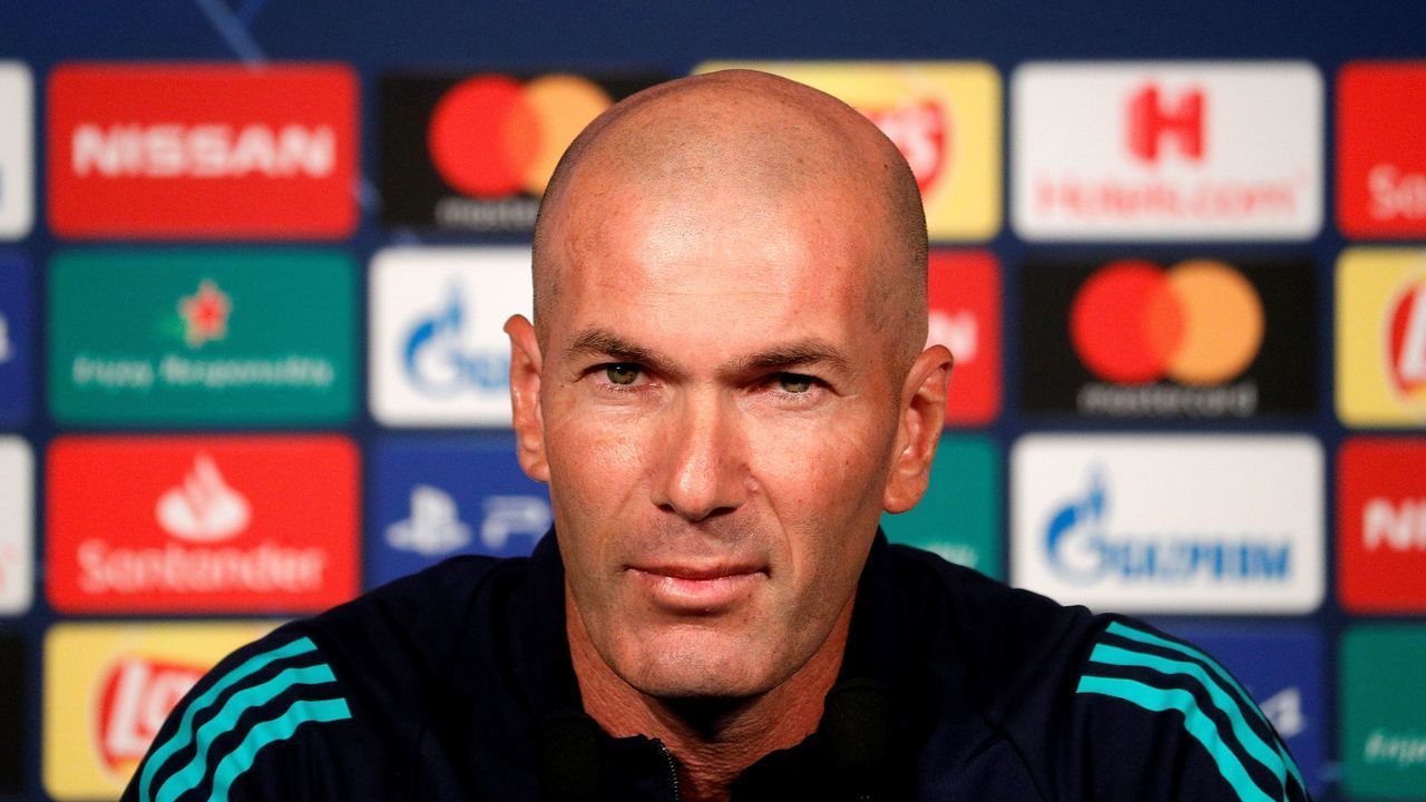 Real Madrid's French coach Zinedine Zidane answers the press during a press conference on the eve of the UEFA Champions League Group A football match between Paris Saint-Germain and Real Madrid CF at the Parc des Princes stadium in Paris on September 17, 2019.