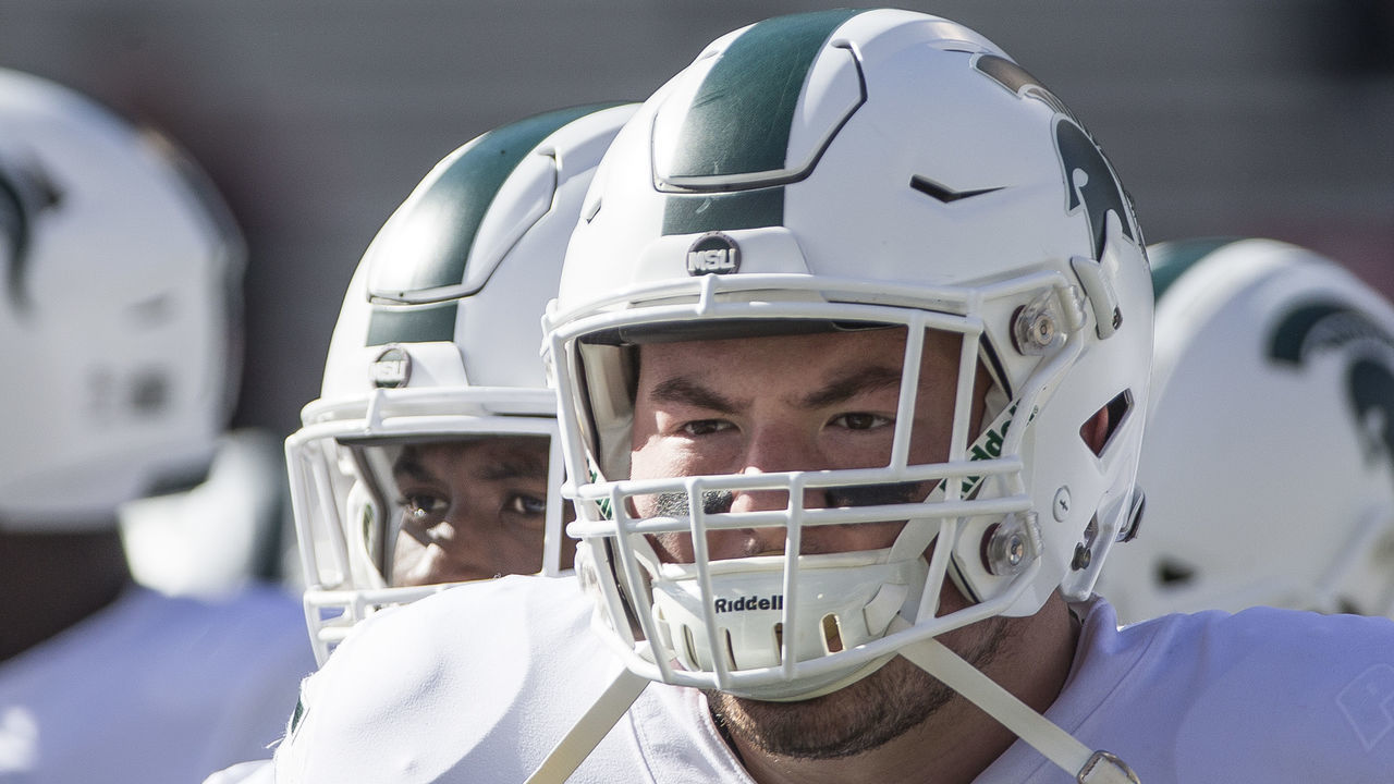 COLLEGE PARK, MD - NOVEMBER 03: Michigan State Spartans guard Kevin Jarvis (75) before a Big10 football game between the University of Maryland and Michigan State, on November 03, 2018, at Capital one Field at Maryland Stadium, in College Park, Maryland. Michigan State defeated Maryland 24-3.