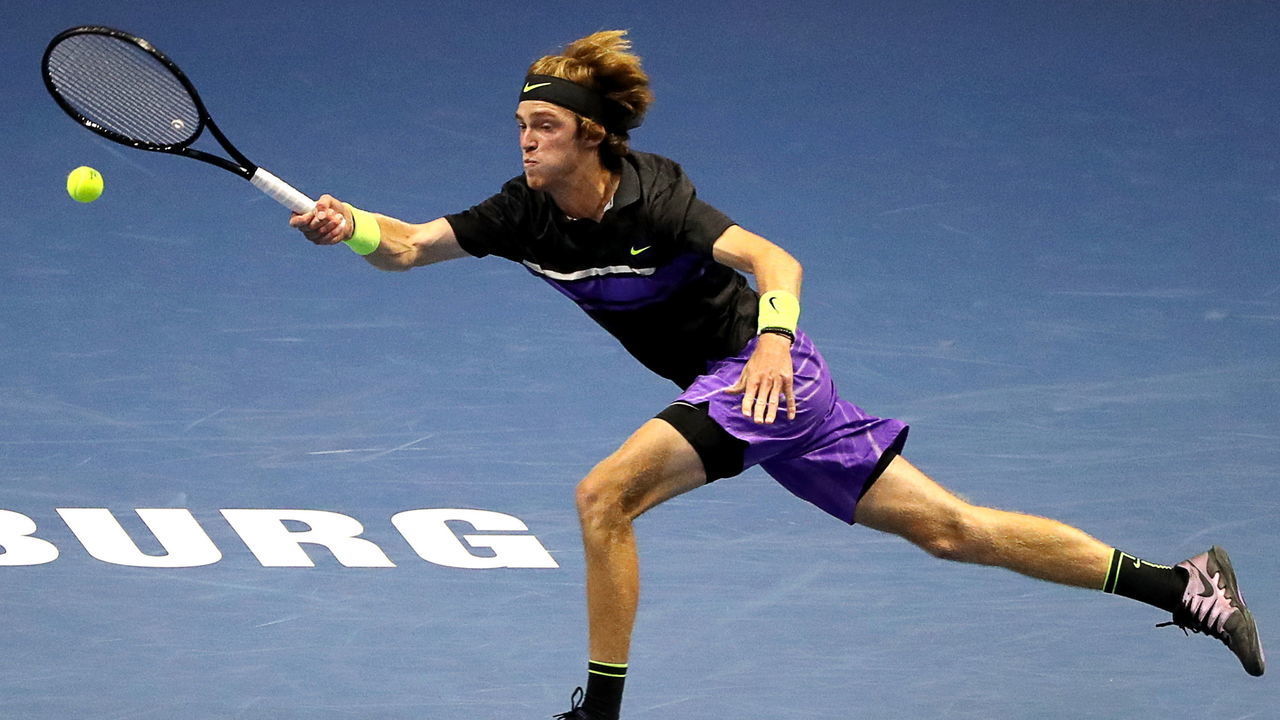 ST PETERSBURG, RUSSIA SEPTEMBER 17, 2019: Andrey Rublev of Russia in action in a 2019 St Petersburg Open tennis match against Ilya Ivashka of Belarus, at the Sibur Arena. Alexander Demianchuk/TASS