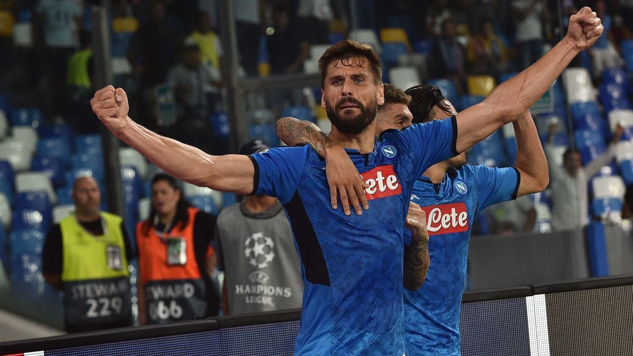 NAPLES, ITALY - SEPTEMBER 17: Fernando Llorente of Napoli celebrates after scoring the first goal during the UEFA Champions League group E match between SSC Napoli and Liverpool FC at Stadio San Paolo on September 17, 2019 in Naples, Italy.