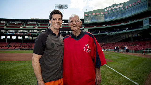 BOSTON, MA - SEPTEMBER 17: Former Boston Red Sox left fielder Carl Yastrzemski poses for a photograph with his grandson Mike Yastrzemski #5 of the San Francisco Giants during the filming of an MLB Network segment on September 17, 2019 at Fenway Park in Boston, Massachusetts.