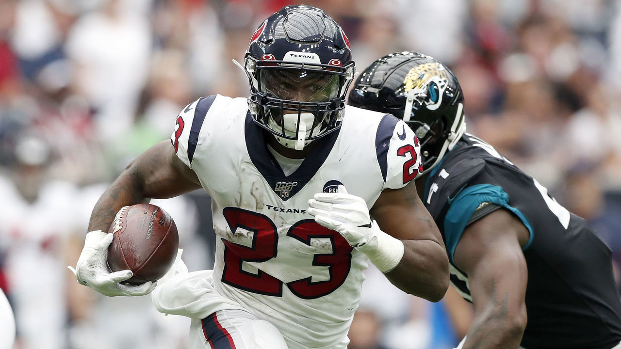 HOUSTON, TX - SEPTEMBER 15: Carlos Hyde #23 of the Houston Texans runs the ball in the second half against the Jacksonville Jaguars at NRG Stadium on September 15, 2019 in Houston, Texas.
