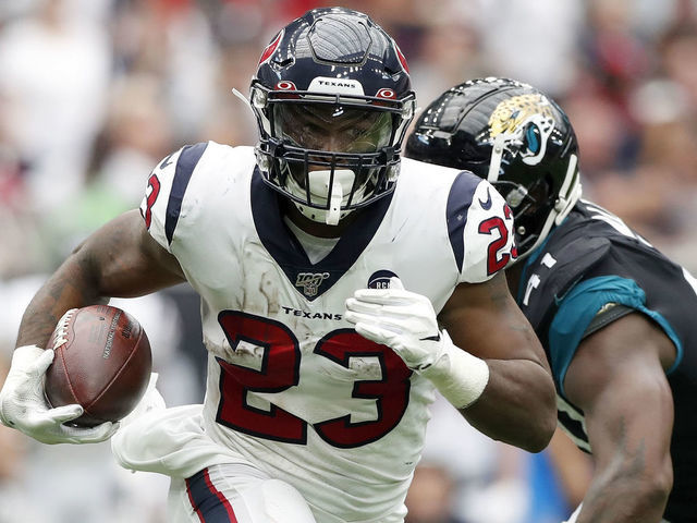 HOUSTON, TX - SEPTEMBER 15: Carlos Hyde #23 of the Houston Texans runs the ball in the second half against the Jacksonville Jaguars at NRG Stadium on September 15, 2019 in Houston, Texas.
