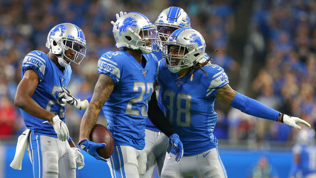 Detroit Lions cornerback Darius Slay (23) is congratulated by teammates after intercepting a pass during the second half of an NFL football game against the Los Angeles Chargers in Detroit, Michigan USA, on Sunday, September 15, 2019.