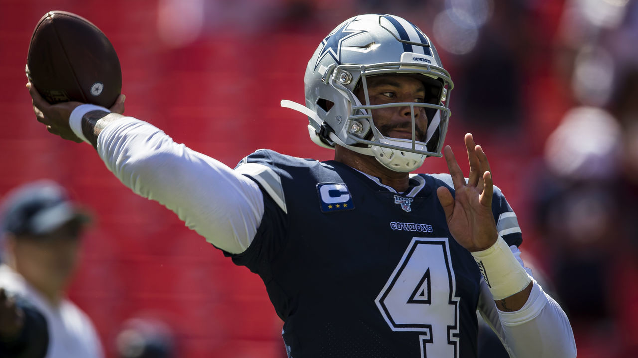 LANDOVER, MD - SEPTEMBER 15: Dak Prescott #4 of the Dallas Cowboys throws before the game against the Washington Redskins at FedExField on September 15, 2019 in Landover, Maryland.