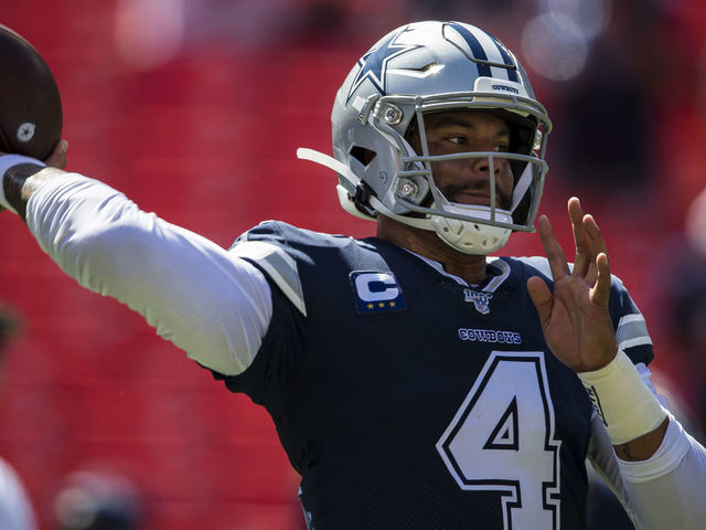 LANDOVER, MD - SEPTEMBER 15: Dak Prescott #4 of the Dallas Cowboys throws before the game against the Washington Redskins at FedExField on September 15, 2019 in Landover, Maryland.