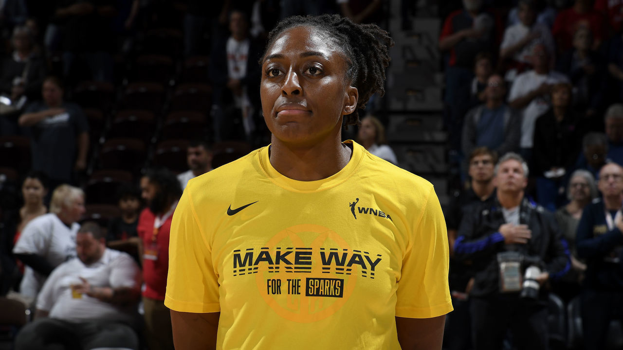 BOSTON, MA - SEPTEMBER 17: Nneka Ogwumike #30 of the Los Angeles Sparks stands for the National Anthem before the game against the Connecticut Sun on September 17, 2019 at the Mohegan Sun Arena in Uncasville, Connecticut. Mandatory Copyright Notice: Copyright 2019 NBAE