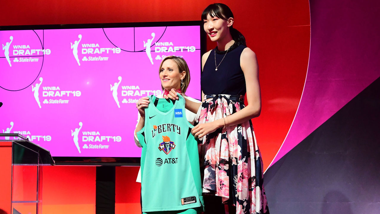 NEW YORK, NY - APRIL 10: Christy Hedgpeth poses with Han Xu after being drafted by the New York Liberty during the 2019 WNBA Draft on on April 10, 2019 at Nike New York Headquarters in New York, New York. NOTE TO USER: User expressly acknowledges and agrees that, by downloading and/or using this photograph, user is consenting to the terms and conditions of the Getty Images License Agreement. Mandatory Copyright Notice: Copyright 2019 NBAE