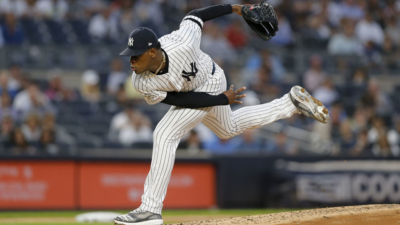 NEW YORK, NEW YORK - SEPTEMBER 17: Luis Severino #40 of the New York Yankees pitches during the second inning against the Los Angeles Angels of Anaheim at Yankee Stadium on September 17, 2019 in the Bronx borough of New York City.