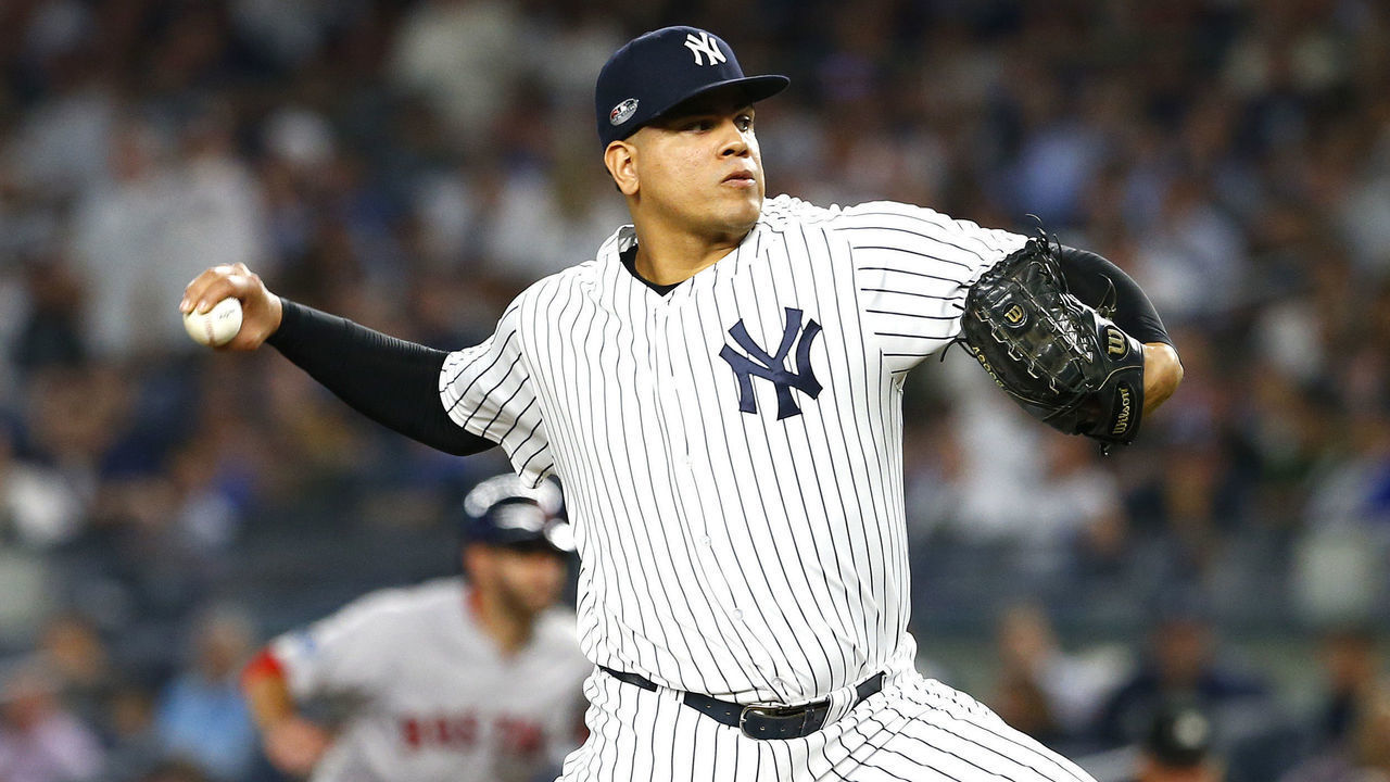 NEW YORK, NEW YORK - OCTOBER 09: Dellin Betances #68 of the New York Yankees throws a pitch against the Boston Red Sox during the seventh inning in Game Four of the American League Division Series at Yankee Stadium on October 09, 2018 in the Bronx borough of New York City.